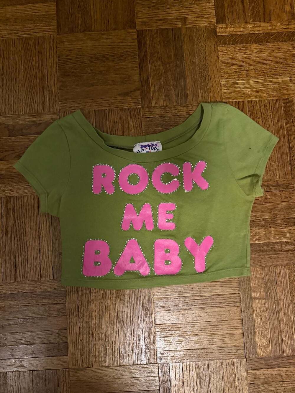 Vintage U.S. Tops Green Rock Me Baby Rhinestone Y2K Crop Top